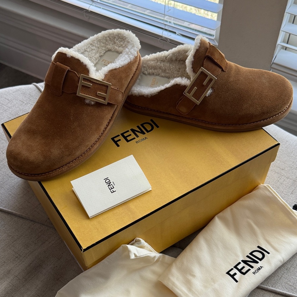 Fendi Men’s Tan Suede Shearling-Lined Slip-On Loafers with Logo Buckle